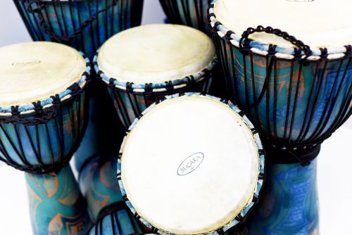 Close up image of a djembe - a rope-tuned skin-covered goblet drum